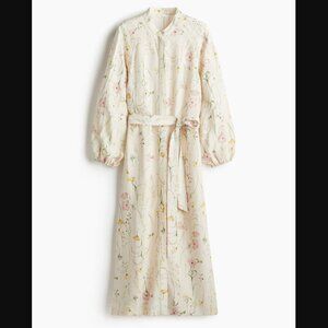 NWT - H&M Linen-Blend Tie-Belt Dress in Ivory Floral - size L